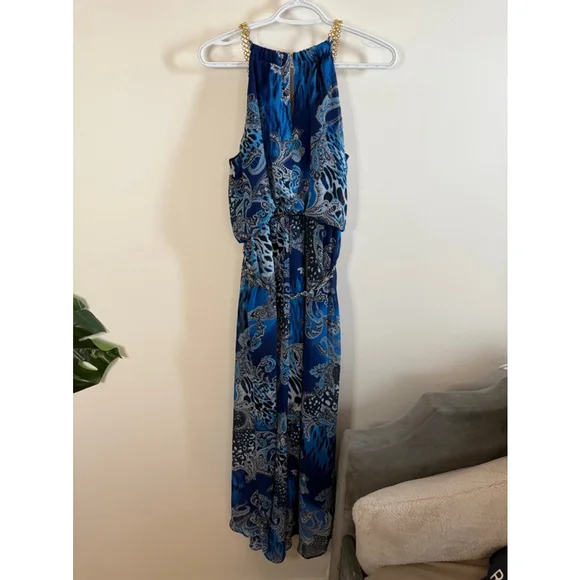 Women's Thalia Sodi Maxi Dress Size S Blue Gold Chain Halter - Picture 9 of 13